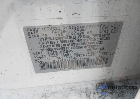 2018 Nissan Sentra Sr из США, поврежденный, VIN 3N1AB7AP3JY339445